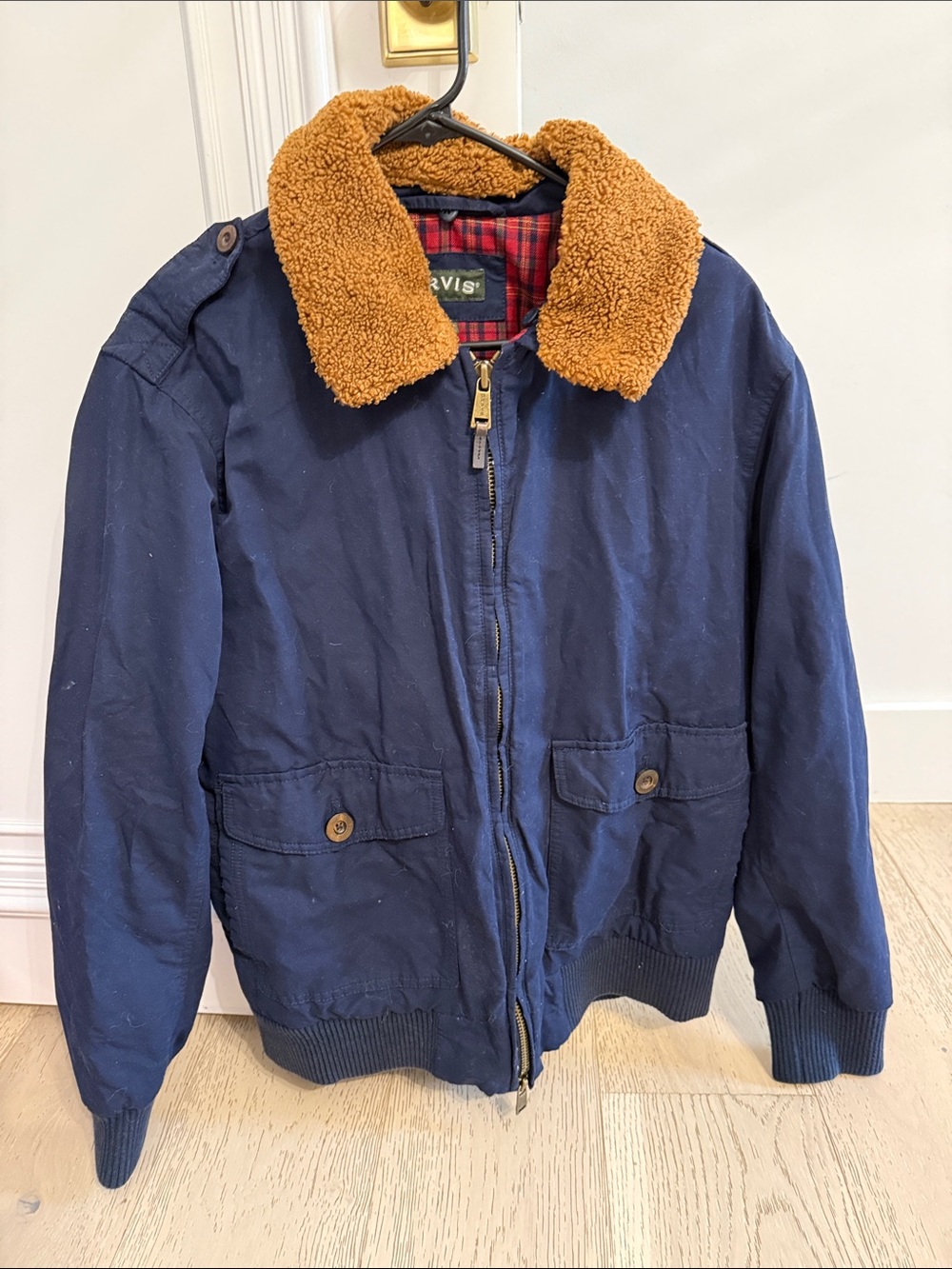 Orvis Navy Bomber Jacket with Tan Sherpa Collar - Picture 1 of 2